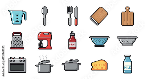 Pixel art kitchen utensils with mini appliances and ingredients