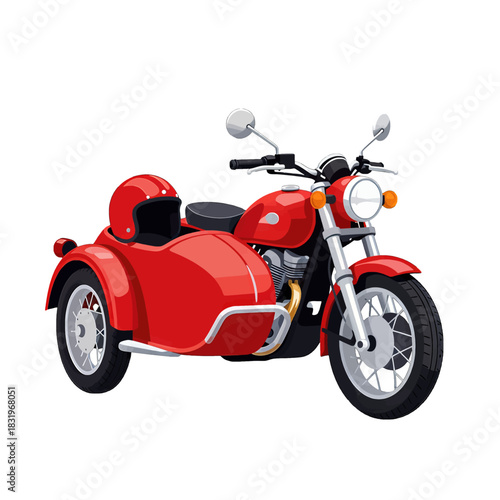 Red motorcycle with sidecar and helmet illustration