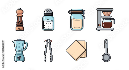 Minimalist kitchen utensils collection in pixel art style