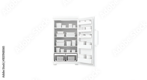 Organized white upright freezer filled with containers and food, ready for storage.