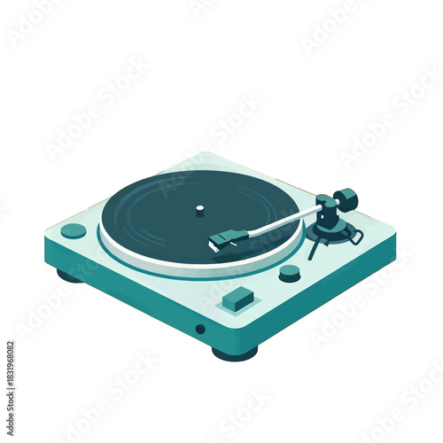 Retro turntable with vinyl record in teal and white