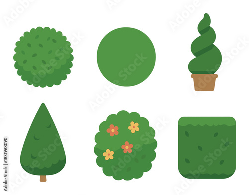 Collection of stylized green topiary shapes in subtle gradient
