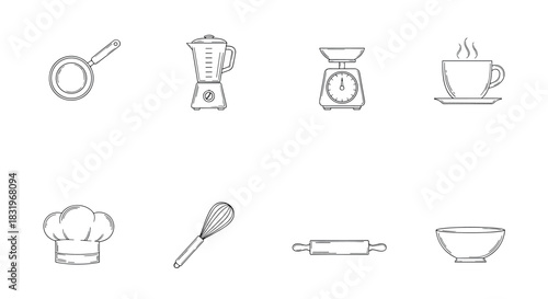 Simple kitchen utensils and appliances in linear style for culinary designs