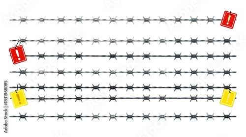 Rows of barbed wire with red and yellow warning signs