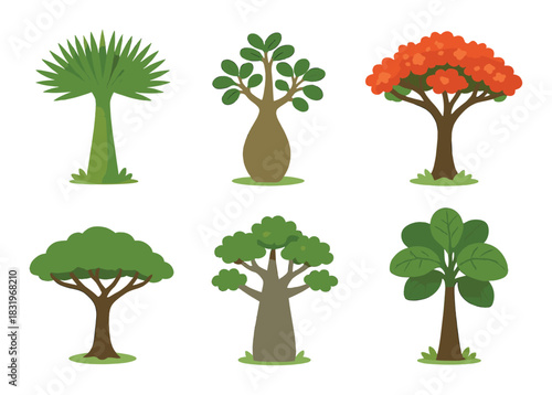 Collection of illustrated trees on vibrant green background