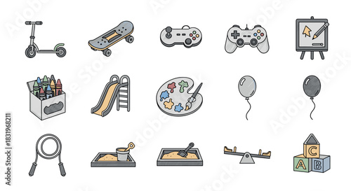 Colorful play and creativity icons: fun and recreation for all ages