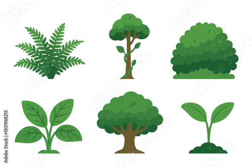 Various greenery illustrations: ferns, trees, shrubs, and saplings with gradient background