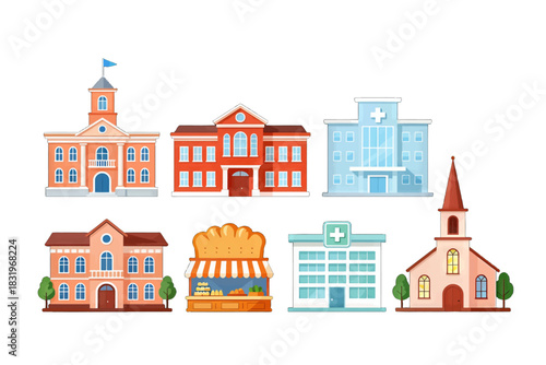 Set of flat design buildings including a town hall, school, hospital, bakery, clinic, and church