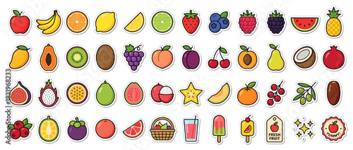 Fruit icons set. containing apple, banana, lemon, lime, strawberry, grape, cherry, pear, watermelon and more. Vector collection