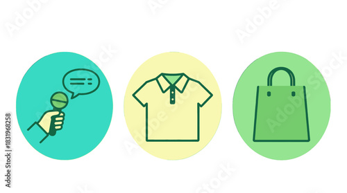 Set of minimalist icons for microphone, polo shirt, and shopping bag