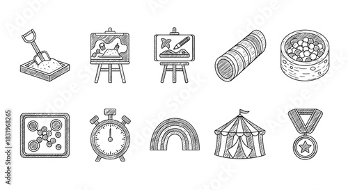 Hand drawn kids activity icons: sandbox, art, carnival, and more