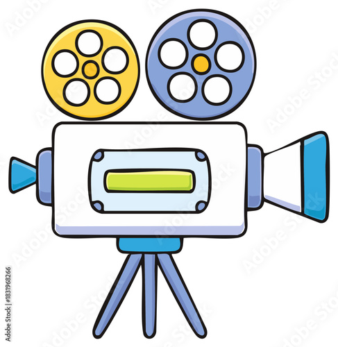 Colorful cartoon illustration of a vintage movie camera on a tripod