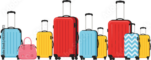 Colorful Travel Suitcase Luggage Set Vector Illustration with Modern Wheeled Bags for Tourism and Vacation Design