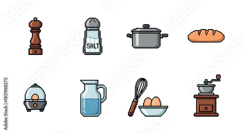 Pixel art kitchen essentials: culinary tools and ingredients for cooking