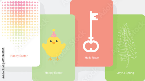 Whimsical easter greeting cards featuring a chick key and fern with festive messages
