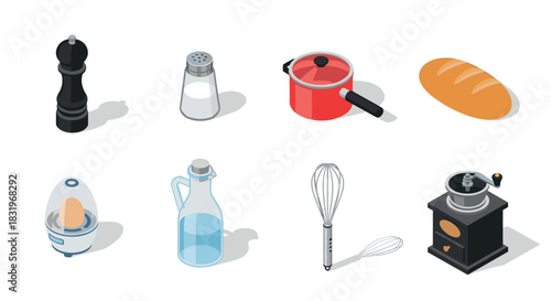 Kitchen utensils isometric set: pepper mill, salt shaker, saucepan, bread, egg cooker, bottle, whisk, grinder