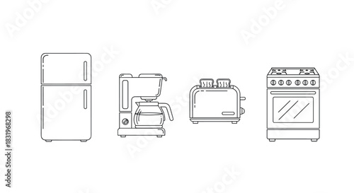 Minimalist kitchen appliances: refrigerator, coffee maker, toaster, oven in linear style