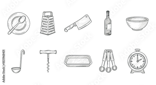Hand drawn kitchen utensils and tools: plates, grater, cleaver, wine bottle, bowl, ladle, corkscrew, tray, measuring spoons, timer