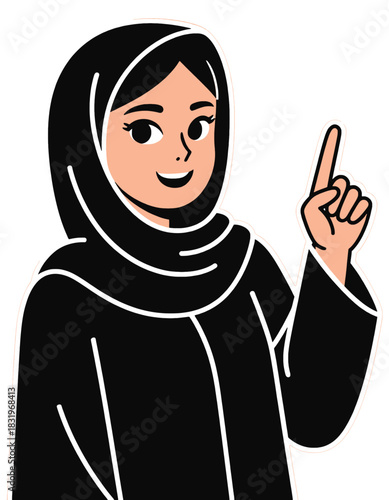 Smiling woman in hijab pointing upward with one finger