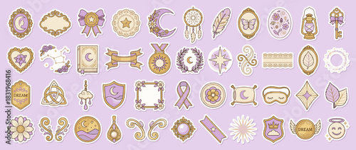 Boho and celestial icon set. containing dreamcatcher, moon, sun, star, feather, butterfly, lantern, leaf, and more. Vector collection