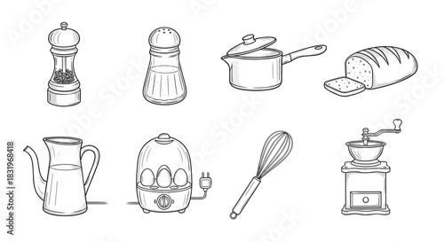 Hand drawn kitchen utensils set with rustic cooking tools and appliances