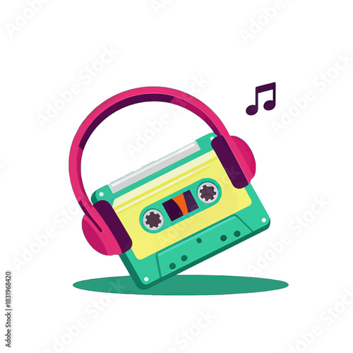 Retro cassette tape with pink headphones and music note