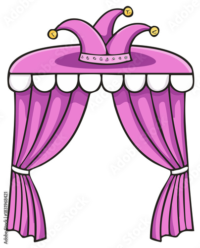 Cartoon jester hat on a pink and purple stage curtain entrance for a comedy show or performance