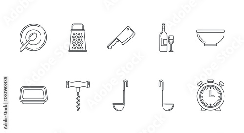 Minimalist kitchen tools icon set with wine and cheese elements