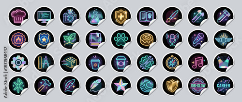 Career and skills icons set. containing chef, camera, science, health, book, art, microphone, coffee, music, gear, job, career, and more. Vector collection