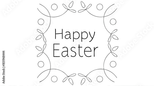 Happy easter greeting card featuring a cute bunny with a basket of painted eggs and a small animal in a hot air balloon flying over a spring landscape with flowers and a sunny sky