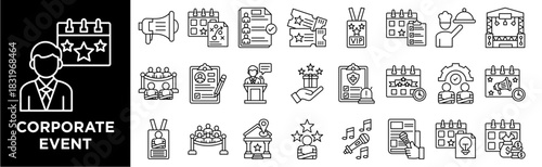 CORPORATE EVENT  icon collection set. Containing design  event planning, venue location, guest list, ticket, stage, scheduling