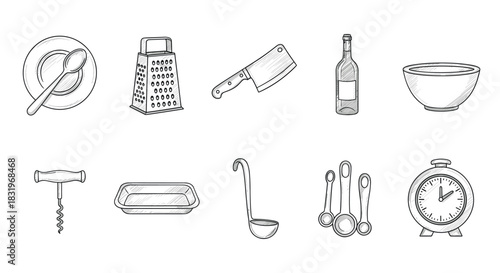 Hand drawn kitchen utensils set in black and white sketch style