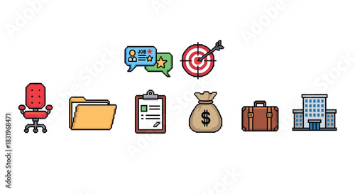 Office job icons: employment, target, money, and success symbols