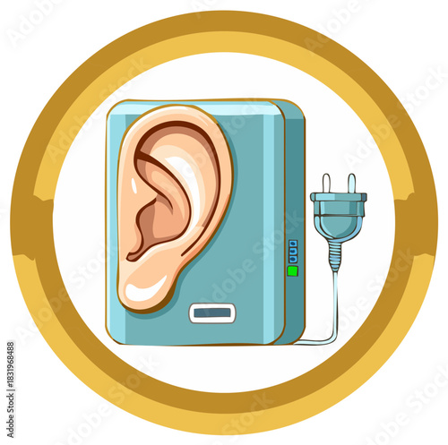 Rechargeable hearing aid device with human ear and electric plug vector icon