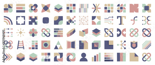 Abstract geometric icons set. containing shapes, patterns, grids, arrows, connections, spirals, nodes, shields, gradients. Vector collection