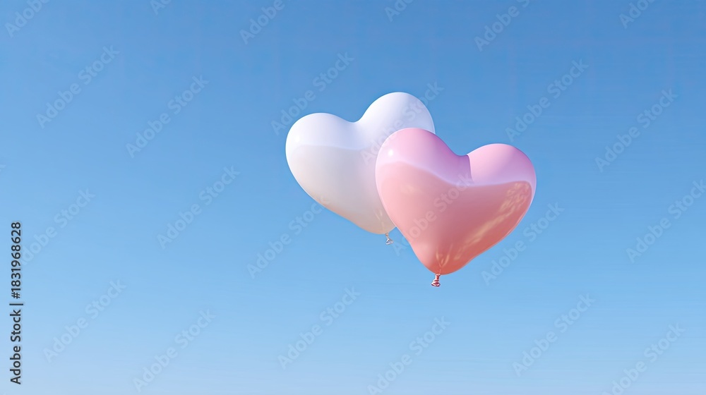 Fototapeta premium Heart-shaped balloons floating gently in a clear blue sky, symbolizing love, joy, and celebration, perfect for weddings, parties, and romantic occasions.