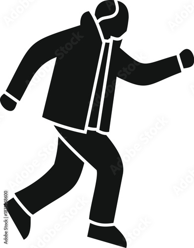 Male figure running, wearing a jacket, representing speed and urgency