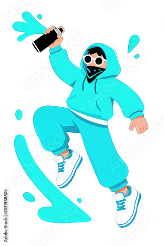 Stylish graffiti artist in turquoise outfit spraying paint