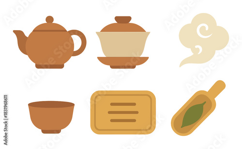 Abstract tea elements: teapot, cup, bowl, steam, leaf, aromatic composition