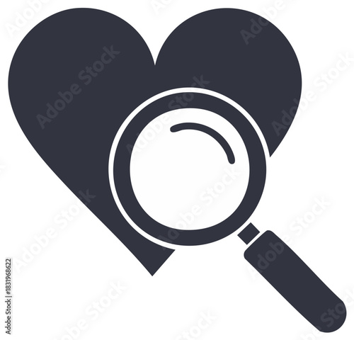 Magnifying glass examining a dark heart symbol for research or analysis