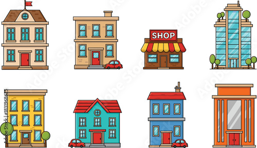 Colourful Flat Design City Buildings Vector Collection