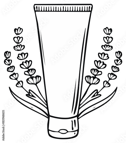 Outline tube of cream with flowers, floral essence package design and concept for aromatherapy and body care