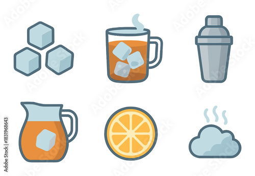 Chilled beverage icons with ice, orange slice, and drinkware illustrations