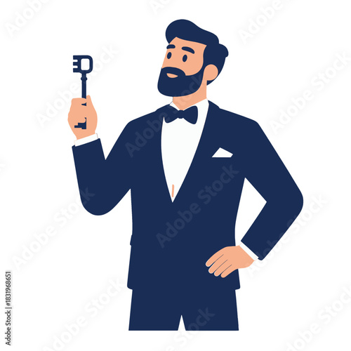 Stylish man in blue suit holding a selfie stick