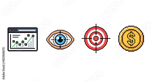 Pixel art icons for business analytics: graphs, eye, target, coin