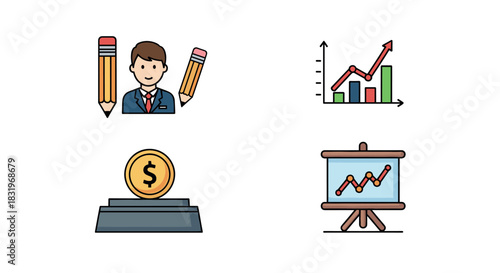 Business icons: man with pencils, growth graphs, coin on pedestal, chart on easel