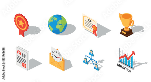 Isometric icon set with award, globe, job certificate, trophy, and business analytics