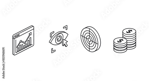 Isometric business icons: analytics, focus, target, money