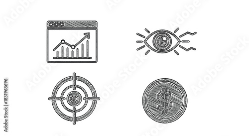 Sketch style symbols: analytics, eye vision, target focus, dollar sign icons