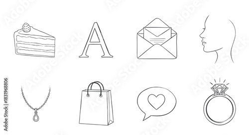 Elegant outline icons: cake, letter, profile, and more in linear style